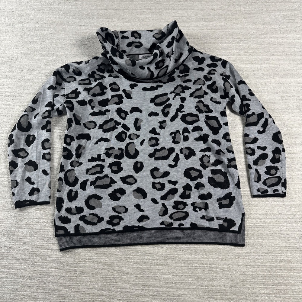 Mob Wife Quiet Luxury Leopard Animal Print Cowl Neck Sweater Calvin Klein M